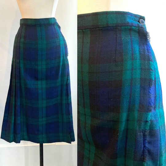Chic 50's Plaid Kilt Pencil Skirt/Black Watch Tartan Fringe + Pleats S