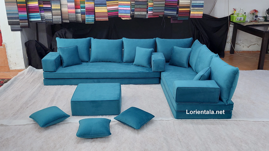L Shaped 8'' Thick Velvet Blue Green Floor Seating Sofa Turkish Arabic Living Room, Oriental Moroccan Home Decor Hookah Couch Modern Cushions