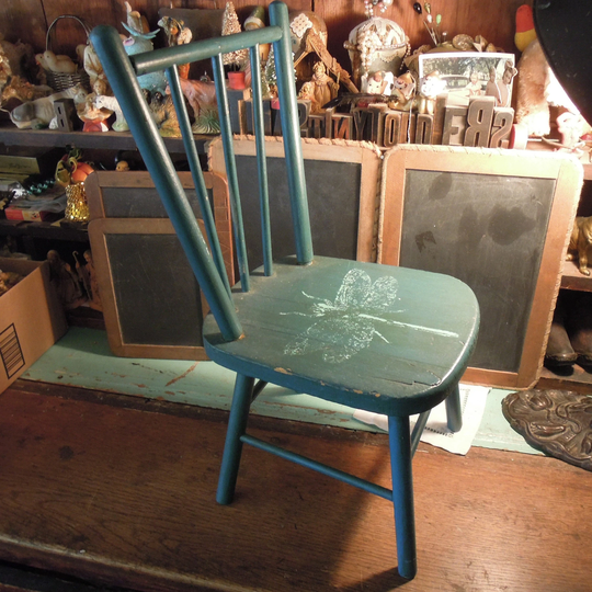 Vintage Blue Wood Doll Chair/Primitive Child's Dragonfly Motif