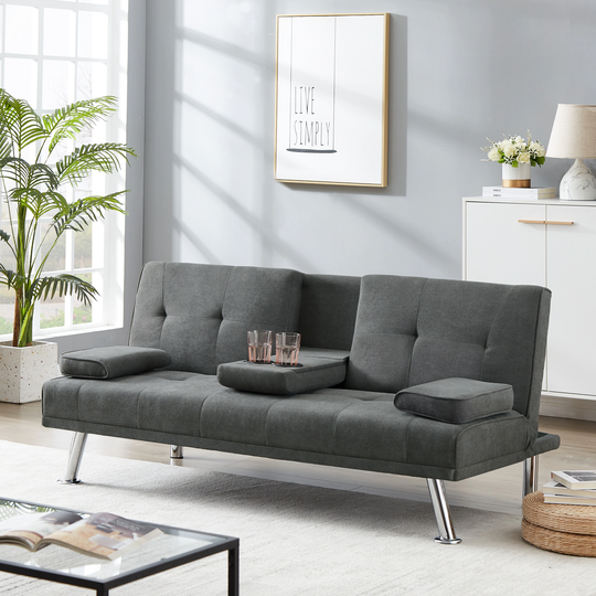 Contemporary Futon Sofa Bed, Upholstered Convertible Folding Sleeper Sofa with 2 Cupholders, Linen Fabric Tufted Couch