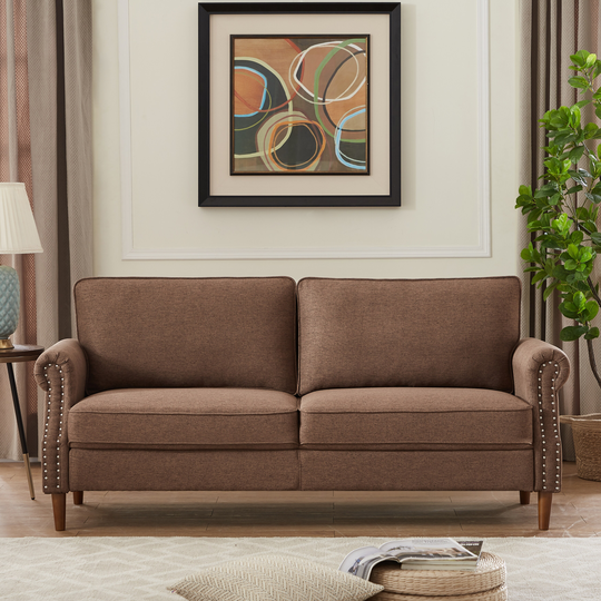 Eucalyptus Wood Modern Linen 3-Seat Sofa with Rolled Arms and Solid Robber Legs, Brown
