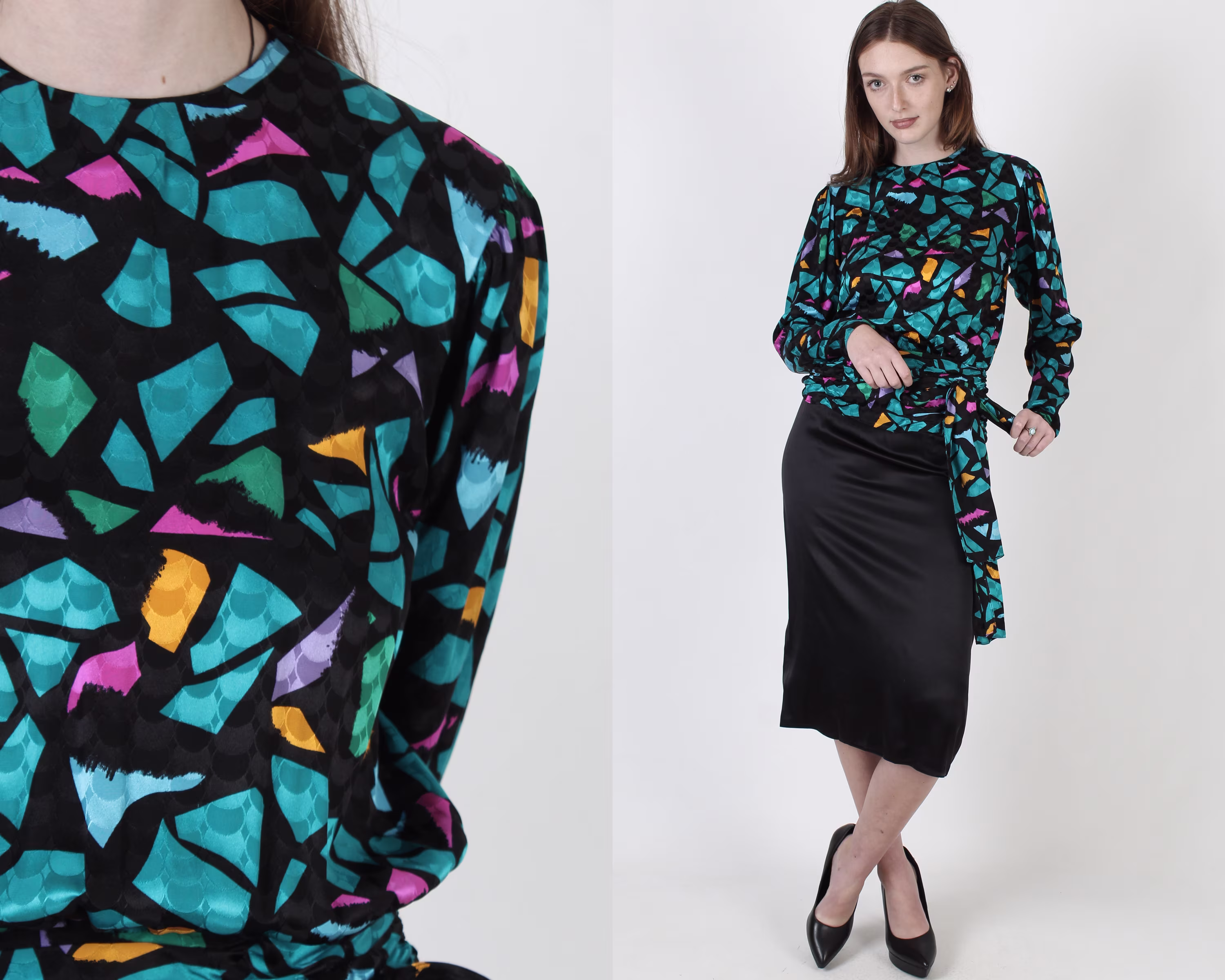 1980S Bright Mosaic Silk Dress/Abstract Tile Print Black Evening Vintage 80S Bow Tie Party Knee Length Pencil