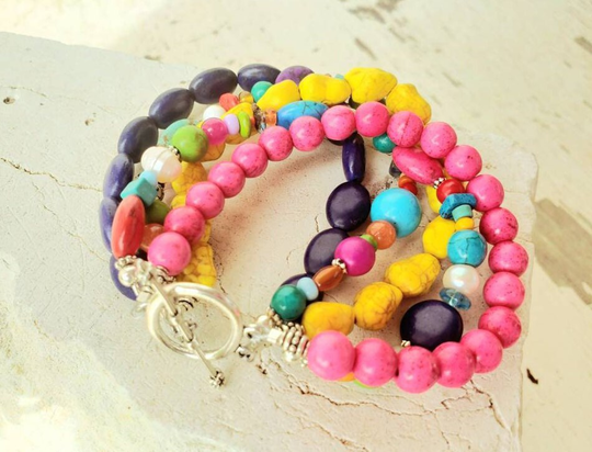 Bright Color Bracelet. Multi Semi Precious Stone Five Strand Toggle Jewelry. Colorful Jewelry