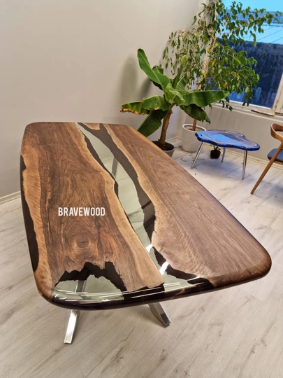 Epoxy Dining Table, Dinner Table, Black Walnut Ultra Clear Epoxy Special Oval Edge Table