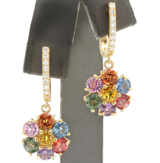 9.00 Carats Natural Multi-Color Sapphire 14K Solid Yellow Gold Earrings