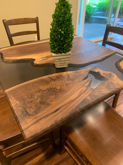 High Top Epoxy & Wood Dining Table, Square Pub Style Counter Height Pedestal Base