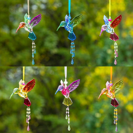 Five Tone Acrylic Hummingbird Ornaments with Beaded Tassels in 6 Assorted Colors - 3.81x3x13