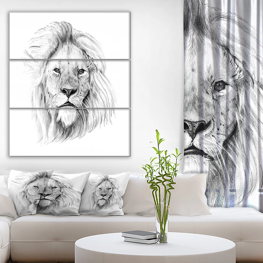 Designart 'Pencil Lion Sketch in Black and White' Animals Print on Wrapped Canvas set