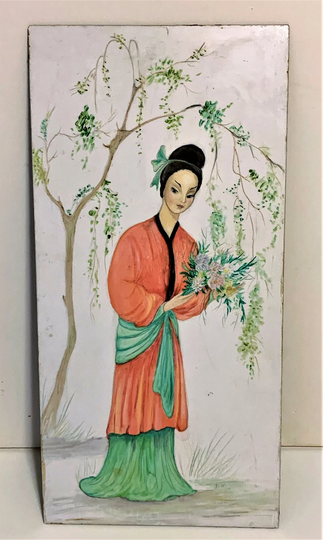 Vintage Color Pencil Drawing On Vinyl Base Of A Beautiful Chinese Princess Greeting With The Flowers Bouquet, Signed D.n. in Vg Condition