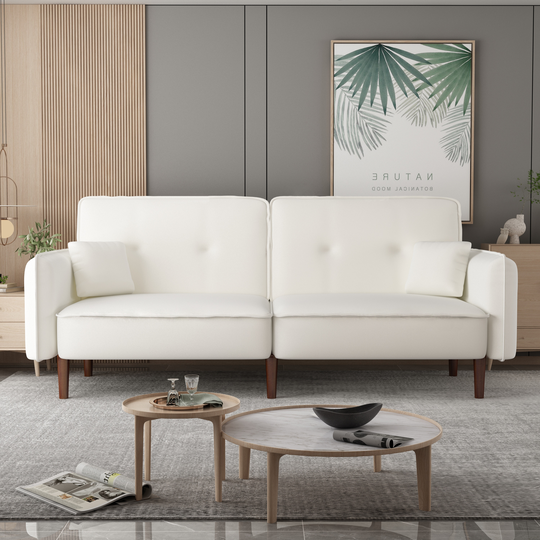 Loveseat Sofa Convertible Futon Sofa Bed Modern Living Room Polyester Upholstered Couches with Wood Legs and Two Pillows