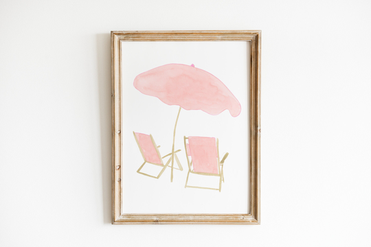Watercolor Pink Beach Chair, Art, Print, Wall Pink Retro, Theme Art
