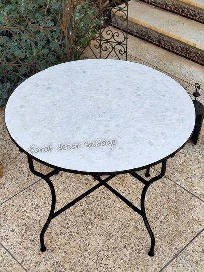 Bistro White Moroccan Mosaic Table, Natural Zellige, Handcrafted Round Outdoor/Indoor Coffee All Table