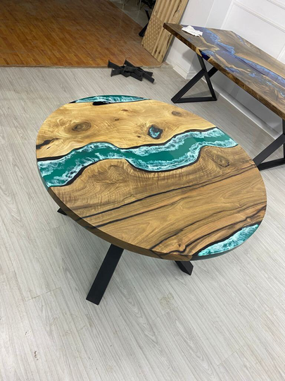 Round Dining Table, Epoxy Coffee Custom 46" Diameter Walnut Wood Turquoise Green Table White Order For Amy L