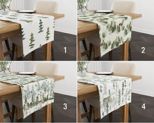 Pine Tree & Deer Table Runner, Floral Christmas Kitchen Winter Linens, Gift, Green White Gift For Her