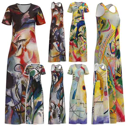 Wassily Kandinsky Painting Fine Art Composition Improvisation Yellow Red Blue Short Sleeve Modest Long Maxi Dress