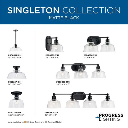 Singleton Collection 1-Light 7.62 in. Matte Black Small Semi-Flush Mount Light with Clear Glass Shade - Medium