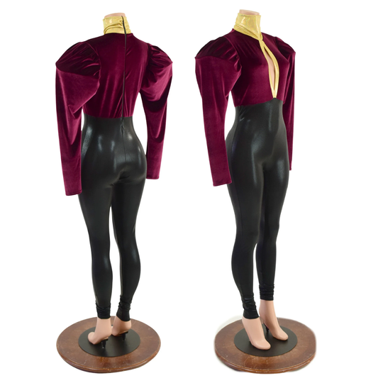 Victoria Sleeved Catsuit With Keyhole Neckline & Back Zipper. Bodice in Burgundy Velvet, Trim Gold Sj, Body Black Mystique 1579185