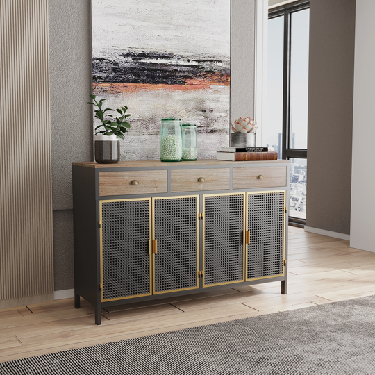 EYIW 4 Doors Modern Sideboard with 3 Top Drawers, Freestanding Sideboard Storage Cabinet Entryway Floor Cabinet
