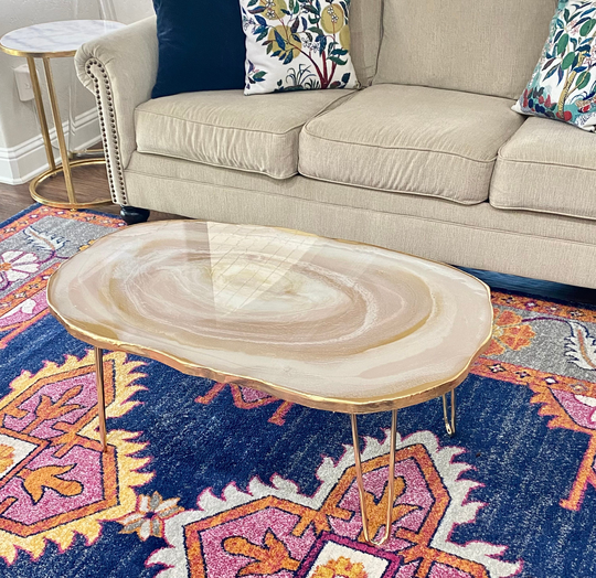 Custom Luxury Resin Geode Coffee Table, 55" Wide X 17+" High. White & Gold W Leaf Edge Accents