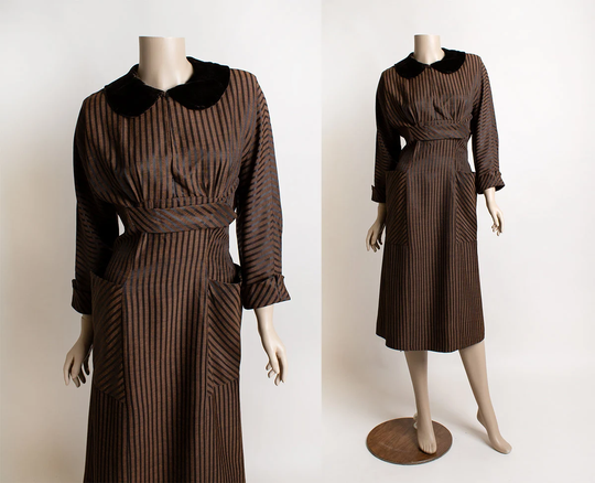 Vintage 1950S Wiggle Dress - Dark Chocolate Brown Striped Pencil With Velvet Collar Hourglass & Keyhole Neckline Small