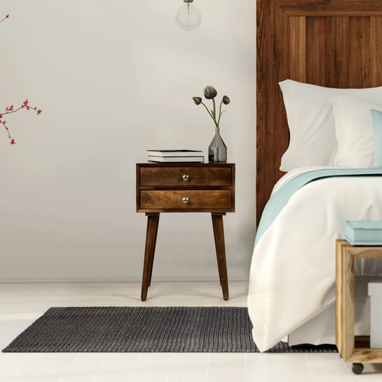 Bedside Table With Two Drawers| Mango Wood| Walnut| Distressed Finish| Solid 2-Drawer Bedside Table| 4 Legs| Toothpick Legs | 17x13x24