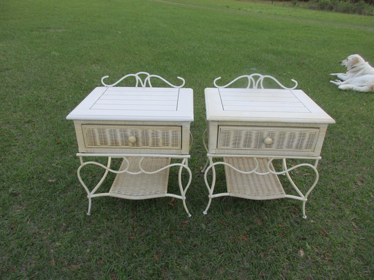 Wicker & Metal Side Tables Set Of 2 Matching Pair Vintage White Accent Curved Tropical Island Beach Decor Rattan Sturdy With Drawers Shelves