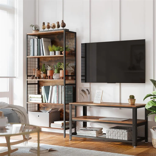 VASAGLE Bookcase, Office Storage Shelf, 4 Tiers for Books, Decorations, Stable Steel Frame, S-Shaped Hooks for Hanging
