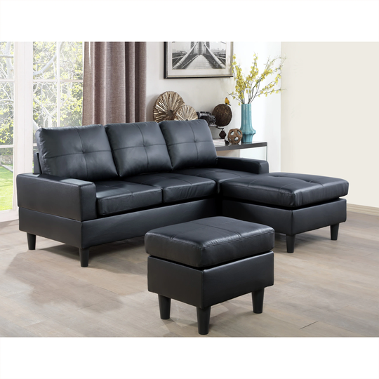 Flexible Combination Sectional Sofa&2 Ottoman, Black Faux Leather(073) - 79" x 61"