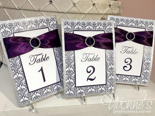Table Numbers in Plum/Deep Purple With Ribbon, Bling, Glitter - For Wedding Reception Tables, Party Decorations, Signs