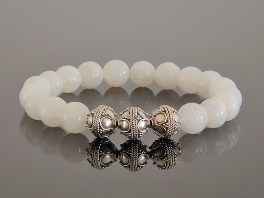 Genuine High Grade Moonstone & Sterling Silver 10mm Mens Beaded Gemstone Bracelet