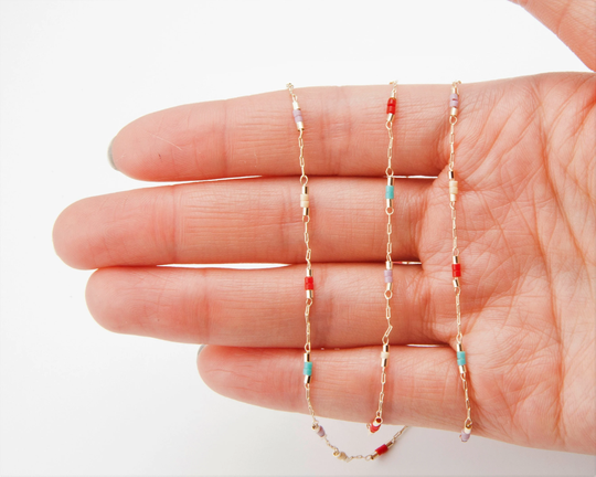 50 cm - 4 Color Chain, 1.7mm Glass Muti-Color Chain, Jewelry Supplies, 14K Gold Plated Over Brass [Ch0339-Pg]