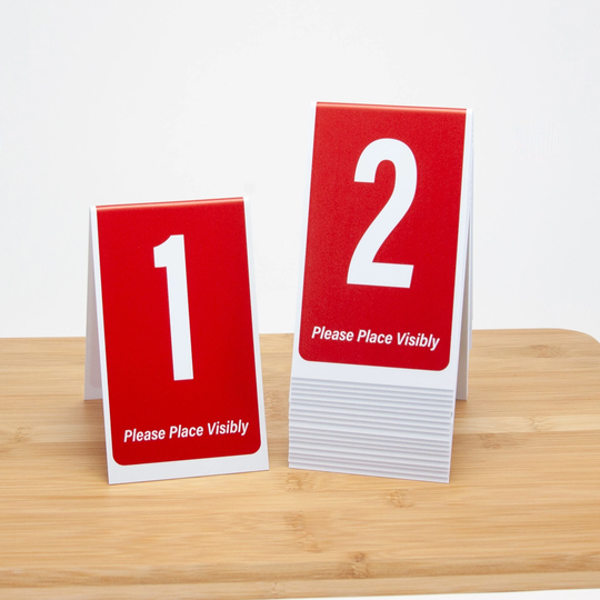 Tent Style Plastic Table Numbers 1-50, Red with White Numbers, Free Shipping