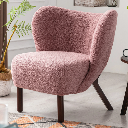 Modern Style Wingback Button Tufted Fleecy Sherpa Side Chair with Solid Wood Legs for Living Room Bedroom