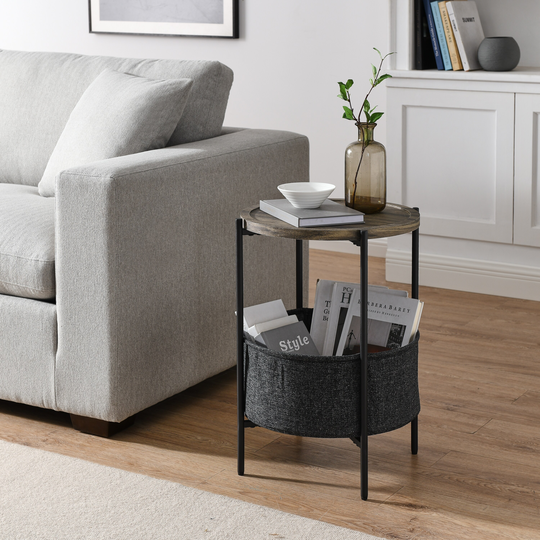 Modern Accent End Table/Side/Leisure Table Tables with Storage Basket, Grey Cloth Bag, for Living Room/Bedroom Furniture