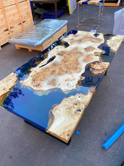 Poplar Table, Epoxy Resin Custom 82" X 40" Wood Blue, Green, Turquoise River Order For Drenea
