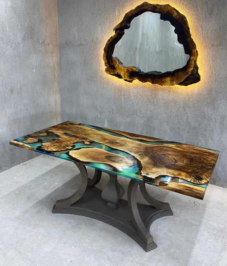 Epoxy Table, Dining Large Solid Walnut Wood, Custom Table Base