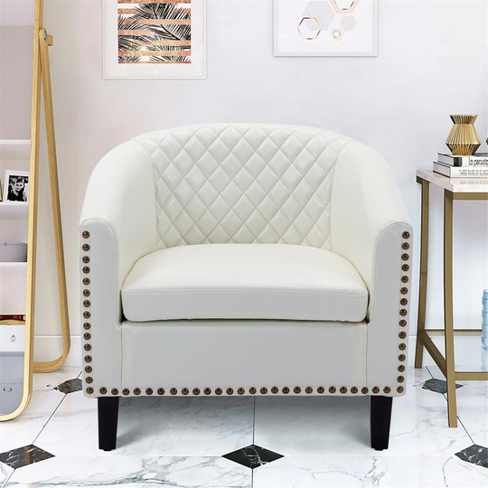 Barrel Accent Chair with Arms Faux Leather Club Chairs Side Chairs Upholstered Tub Chair for Living Room Bedroom, White PU