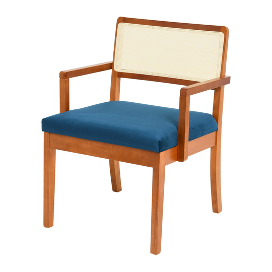 Crawford Mid-Century Modern Eucalyptus Solid Wood Arm Chair with Natural Cane Back and Velvet Upholstered Seat Cushion