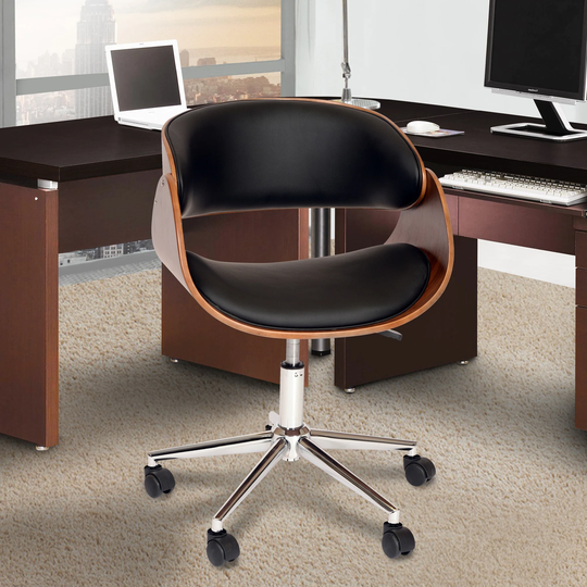 Armen Living Julian Chrome Finish Modern Office Chair with Black Faux Leather and Walnut Veneer Back