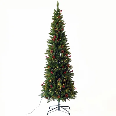 90" H Slender Green Artificial Fir Flocked/Frosted Christmas Tree with 300 LED Light