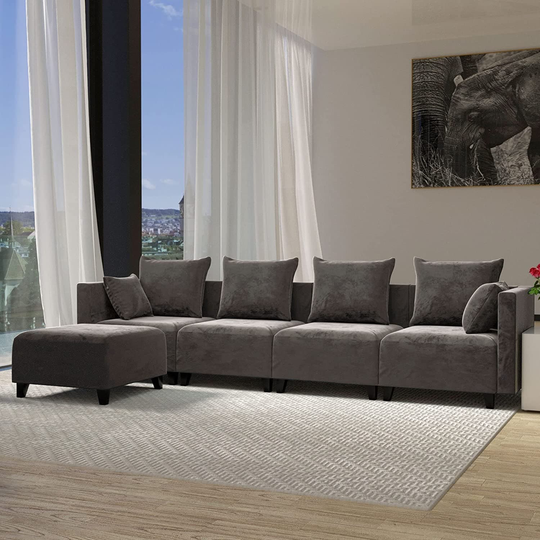 L Shape 5-Seater Convertible Sectional Sofa, Modern Upholstered Velvet Modular Sofa with Reversible Ottoman Chaise & Pillows