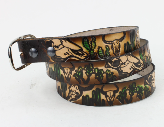 Cattle Skull Brown Leather Belt, Heavy Duty Hand Tooled Leather, Utility Western Wear, Gift For Him, Made in The Usa