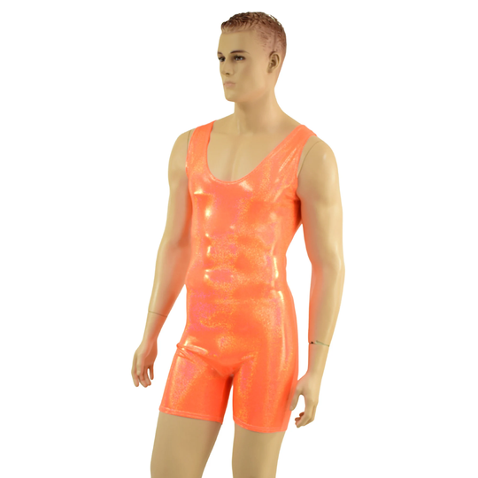 Mens Neon Orange Sparkly Jewel Singlet Cut Sleeveless Romper With Four Inch Inseam - 1579135