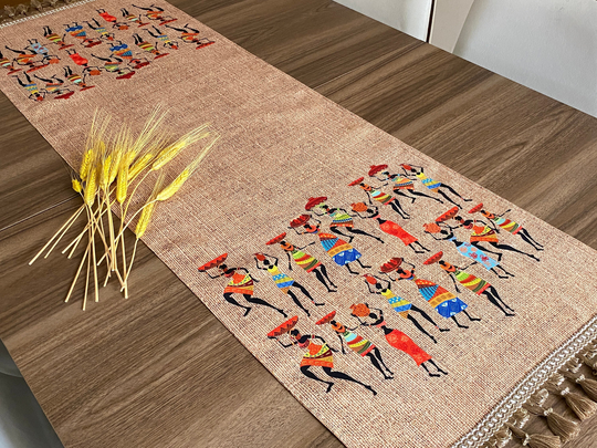 African Women Patterned Soft Table Runner, Jute Print Long Boho Wedding Decor, Decoration, Rnr548