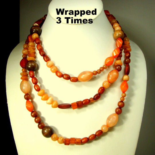 Nice Long Colorful Bead Necklace, Lovely Oranges, Browns & Dark Honey Colors, Ooak Rachelle Starr, Recycled, Useful