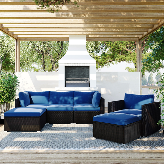 6PCS Outdoor Patio Sectional All Weather PE Wicker Rattan Sofa Set with Glass Table