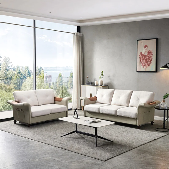 Living Room sofa set , Linen Fabric Faux Leather sofa with Wood Leg, 2 and 3 Sectional sofa For Living Room