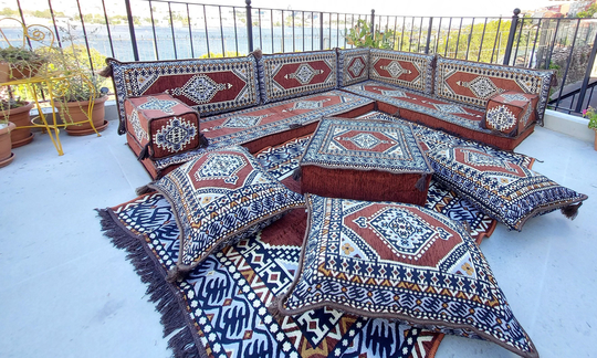 Brown Floor Sofa Seating Set, Arabic Garden Sofas, Oriental Seating, Cushions, Cocuhes, Majlis