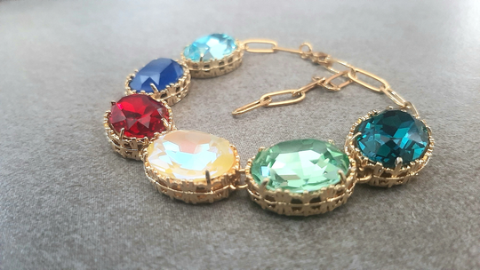 Multi Colors Diamond Cut Chunky Bracelet, Anna Wintour Georgian 14K Gold Jewelry, Oval Crystal 4120, Girlfriend Gift