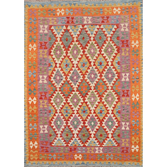 Geometric Multi-Color Kilim Area Rug Flat-weave Wool Carpet - 5'1"x 6'7"